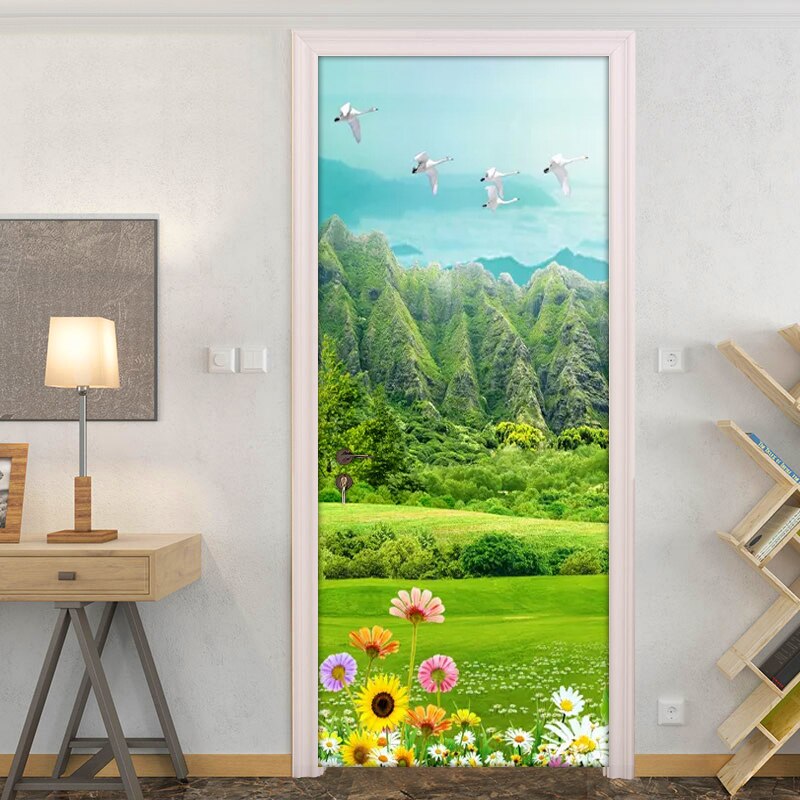 Grassland Flowers Door Sticker Nature Wall Mural Wallpaper Living Room Bedroom PVC Waterproof Self-adhesive Door Poster Stickers