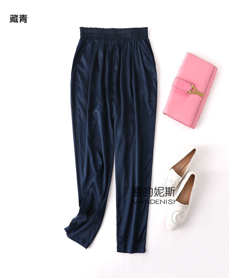 Vrouwen 93% Zijde 7% Spandex Satijn Zijde Lange Broek Broek Harembroek Mode Elastische Taille Vele Kleuren L1013: navy