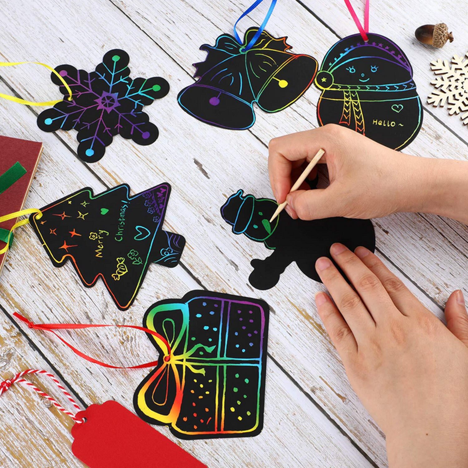 24PCS Scratching Card Rainbow Color Christmas Tree Ornaments Scratching Paper Chirldren Drawing Toy Christmas
