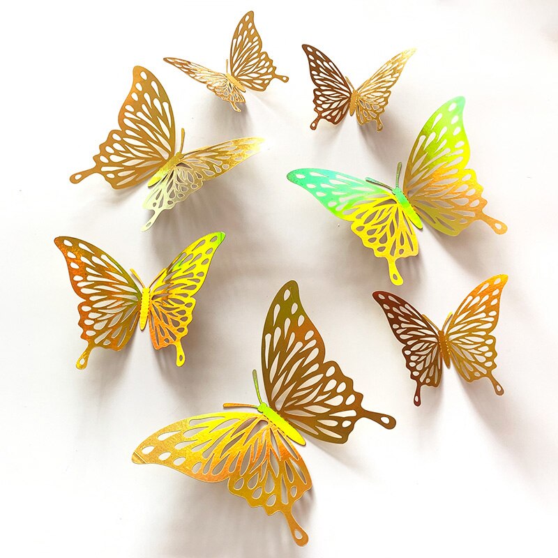 Autocollant mural papillon 3D ajouré coloré doré, 12 pièces, décorations de mariage, décoration de salon, sparadrap d&#39;art pour la maison