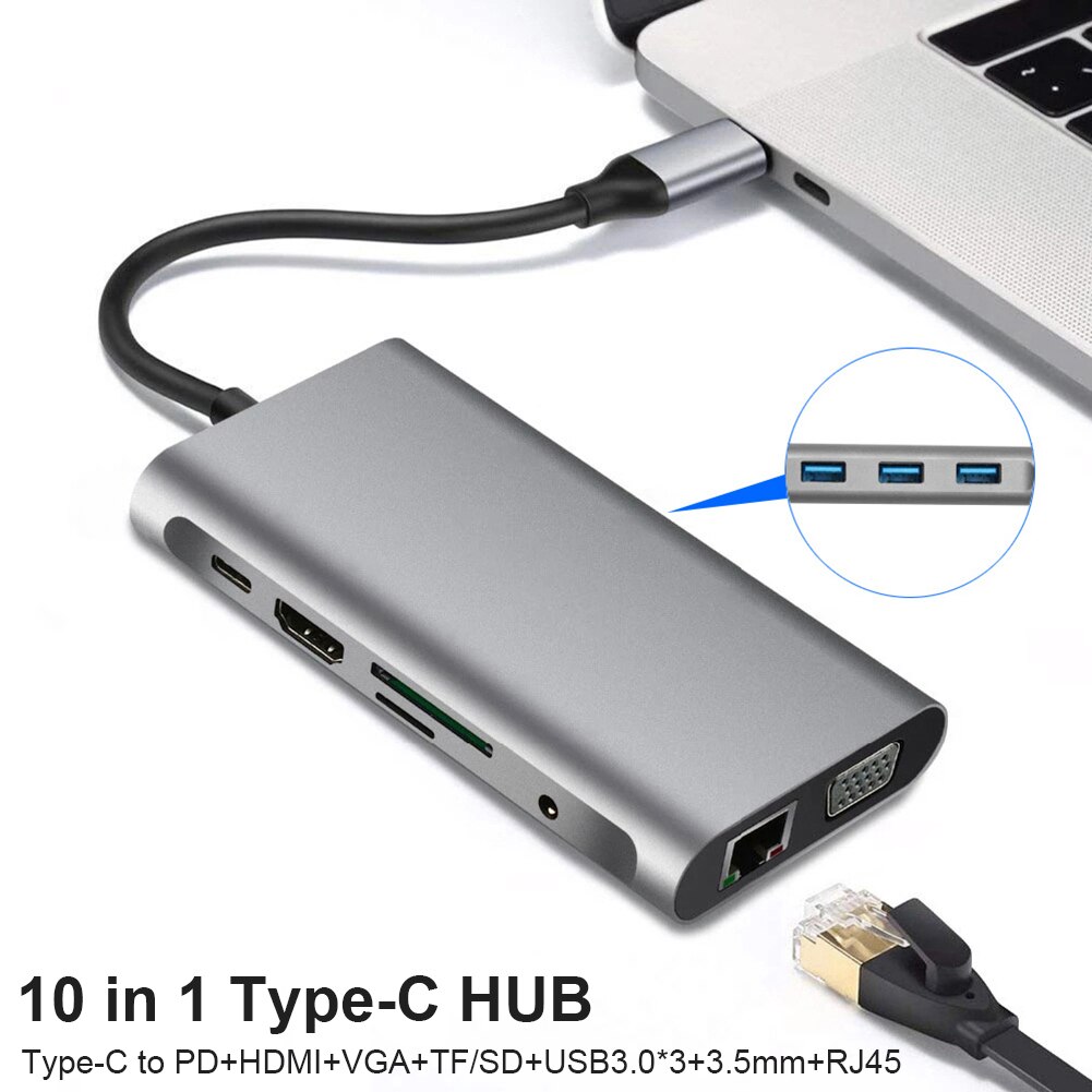 Notebook Smartphone Uitbreiding Converter Type-C Hub Dock 10 In 1 Hdmi-Compatibel Vga Pd Usb 3.0 Sd tf RJ45 3.5Mm Pd Opladen Adap