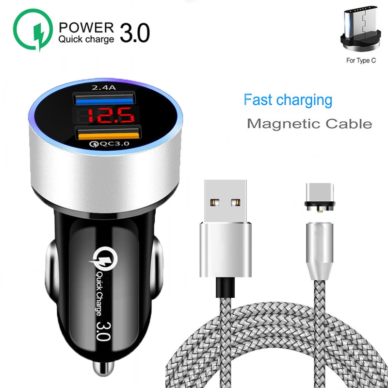 Cable magnético tipo C para Huawei Honor 30 V30 20 9X Pro Samsung A50 A70 A21 A21S M21 A31 A51 Dual USB QC 3,0, Cargador rápido de coche