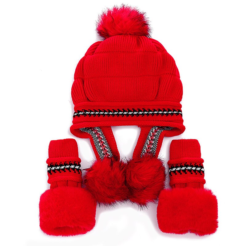 Kvinders vinterhue kvindelig tilføj pelsfor strikket hat med handsker sæt pompoms bold beanie cap piger tyk varm beanie hat: Rød