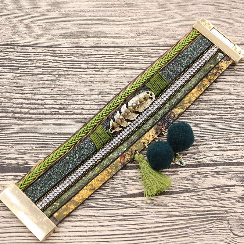 STRATHSPEY – ensemble de bracelets en strass pour femmes, plusieurs rangées, pompon, boule de fourrure, PU mousse, Bracelet, perles feuille d&#39;or, pendentif Olive