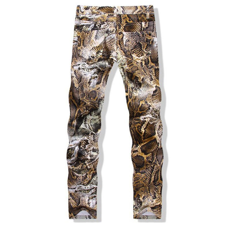 Mens Snakeskin Printed Jeans Slim Fit Skinny Night Club DJ Trousers Pants Slacks For Male Plus Size man pants jeans