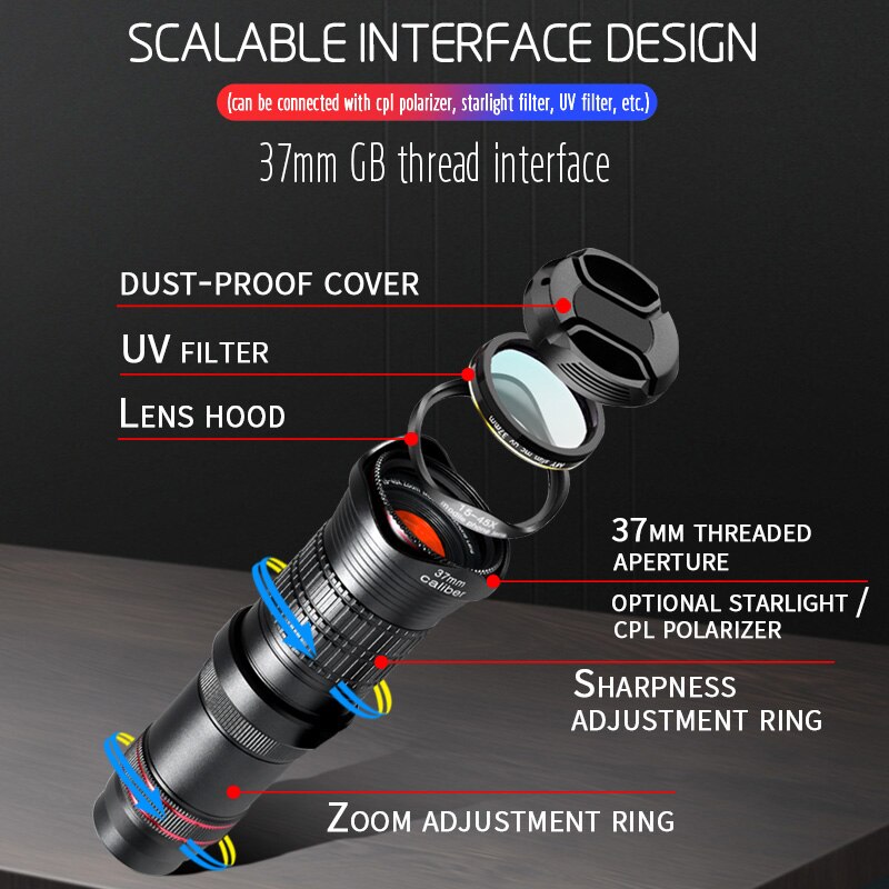 Hd 14x-45x telefoto zoom len, duplo foco óptica monocular telescópio para smartphone lente de telefone de longa distância