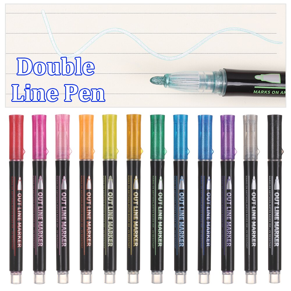 1/8/12Pcs/Set Fluorescence Outline Metallic Marker Pen Double Line Pen Magic Shimmer Painting Drawing Marker Art Supply