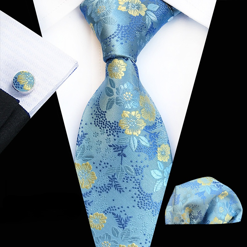 1set Men's Plum Paisley Tie Three Piece Suit Including Tie Pocket Towel Cufflinks: LIGHT BLUE