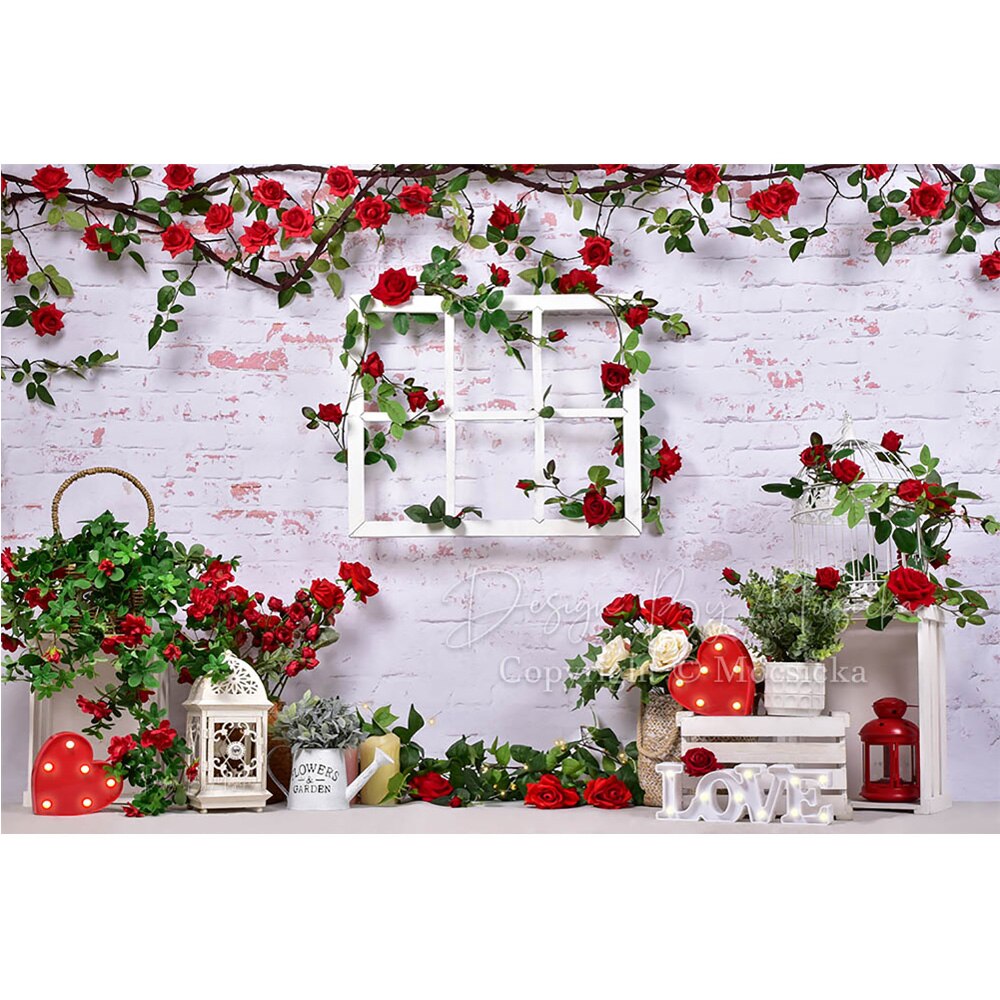 Valentine's Day Photography Backdrop Romantic Red Rose Wedding Portrait Background Photo Window Love Bridal Shower Photocall