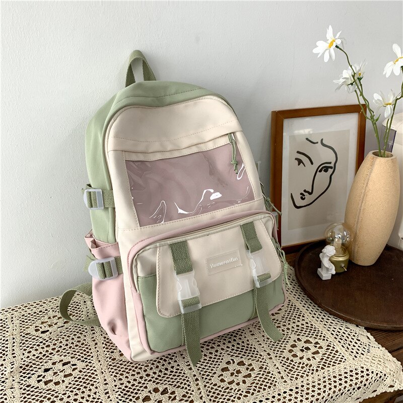Mochila de Nylon impermeable de gran capacidad para mujer, bolso de viaje coreano para chica joven, bolsillo transparente, mochila escolar con hebilla de inserción, novedad de: green / Only backpack