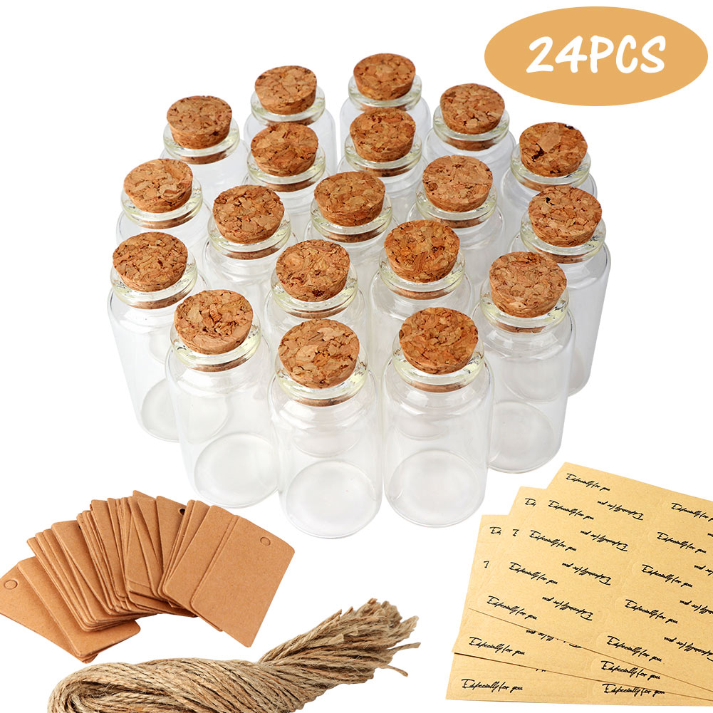 25ml mini glasflaska med kork klar önskan flaska hängande dekoration bröllop mittpunkt gynnar glasflaska burk bröllopsinredning: 24 st