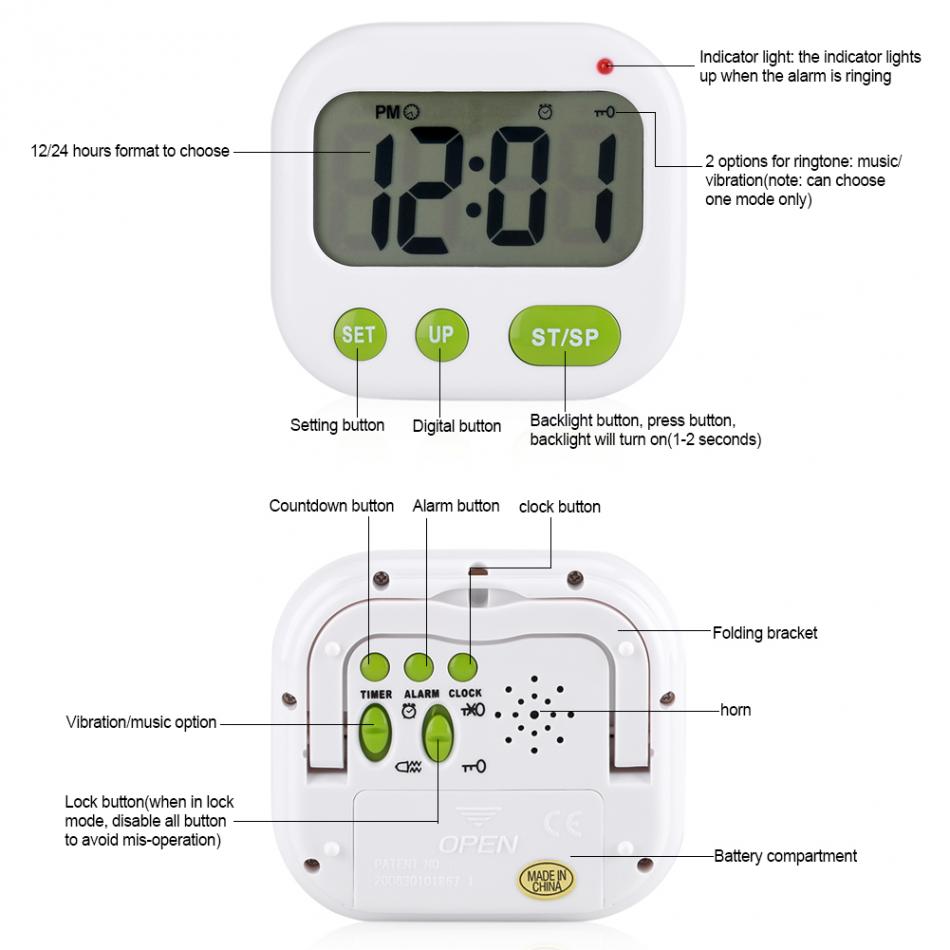 Digital LCD Alarm Clock Electronic Timer Kitchen Timer Timing Tools with Backlight Music/Vibration Modes
