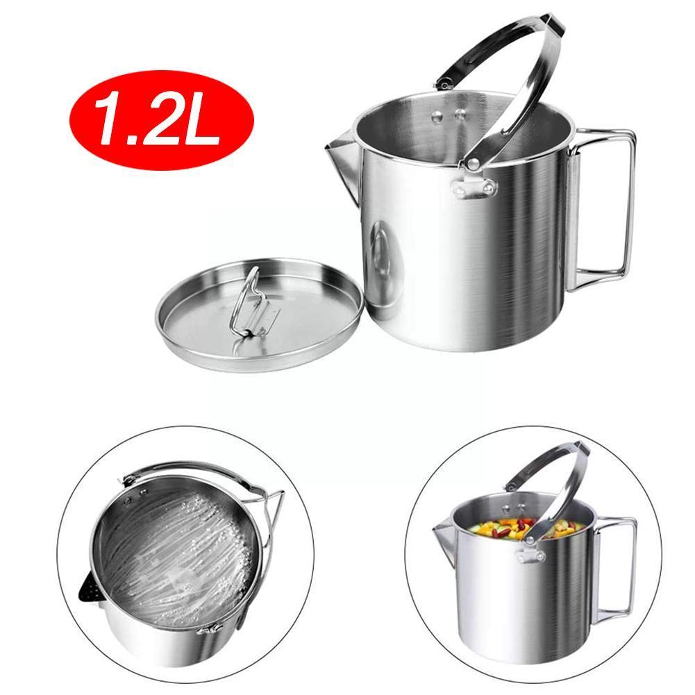 1.2l Outdoor Steel Kettle Folding Camping Hanging Pot Portable Picnic Cookware Suitable For Hiking Camping Trips O2w1