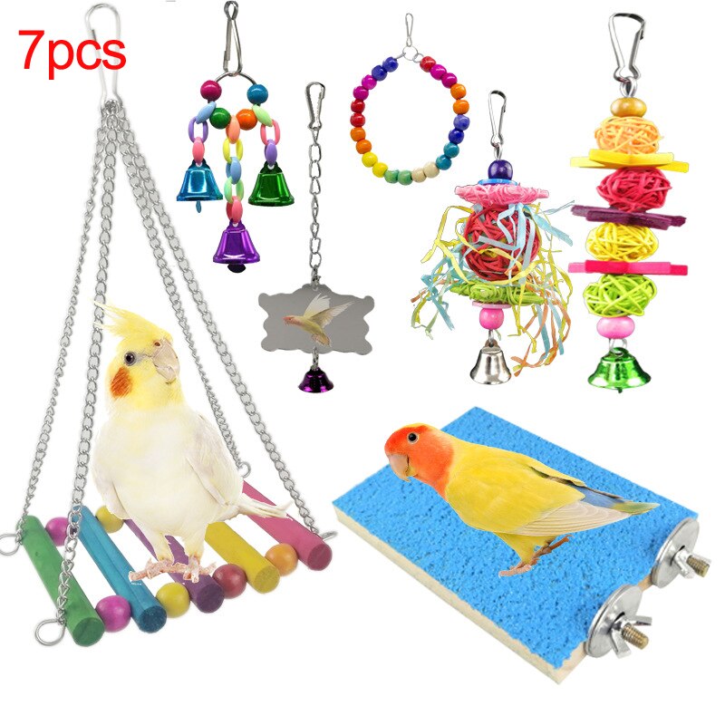 Papegaaien Speelgoed En Vogel Accessoires Voor Huisdier Speelgoed Swing Stand Budgie Parkiet Kooi Afrikaanse Grey Vogel Speelgoed Parkiet: 7pcs