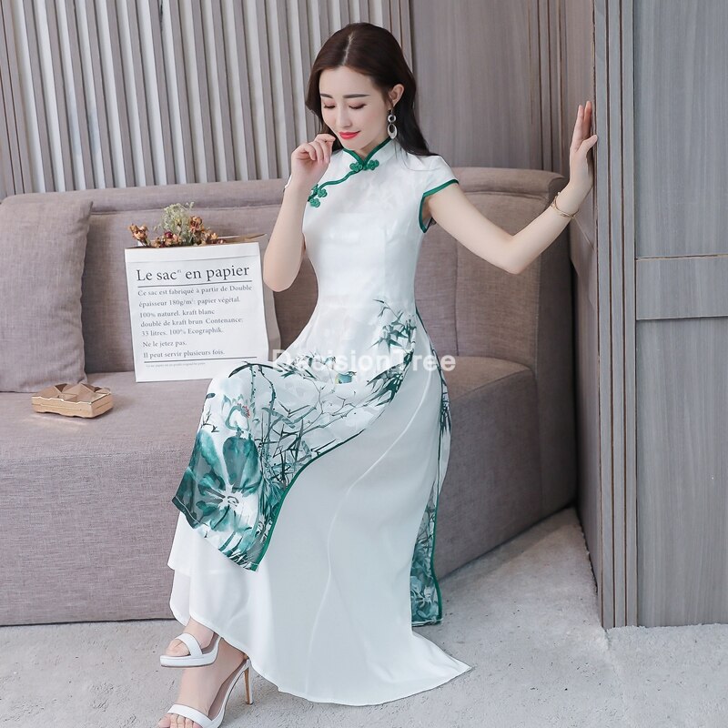 cheongsam dress women lace qipao spilt cheongsam mandarin collar novelty chinese dress lady party dress: color2 / XXXL
