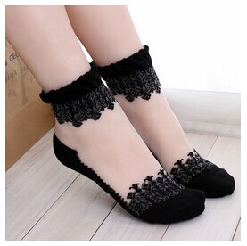 HENGSONG 1Pair Women sport socks Lace Ruffle Ankle Sock Soft Sheer Cotton Mesh Knit Ankle Socks Female Fitness gym yoga socks: black