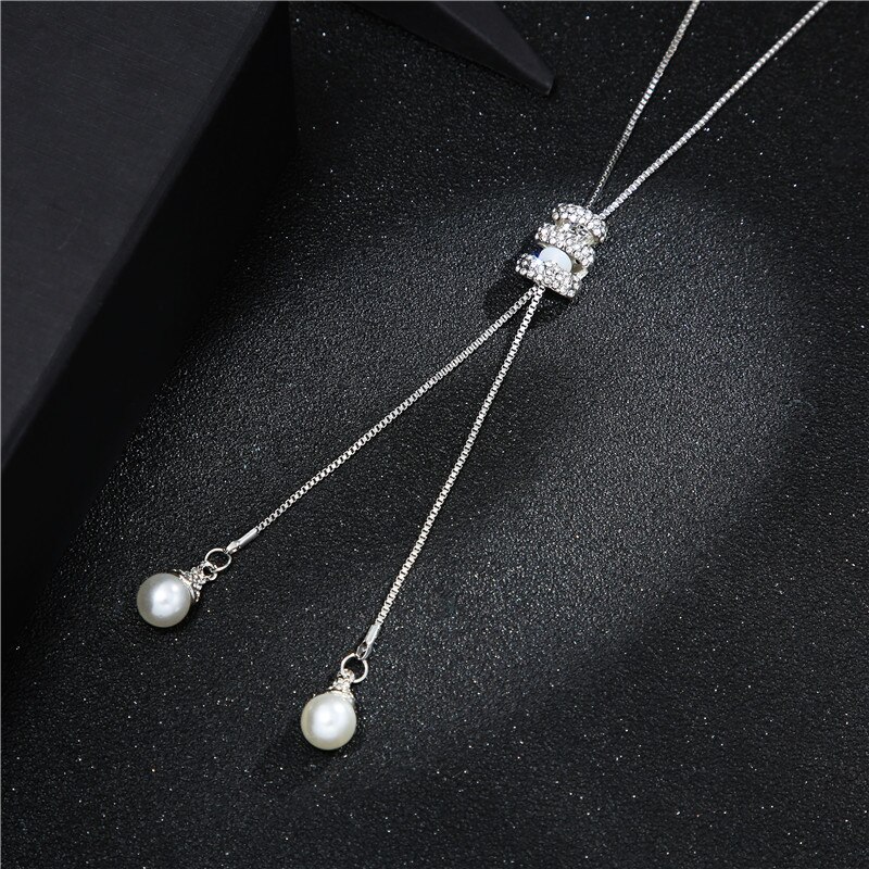 Autumn Winter Metal Long Tassel Rhinestone Crystal Pearl Long Chain Necklace Sweater Party Necklace Jewelry