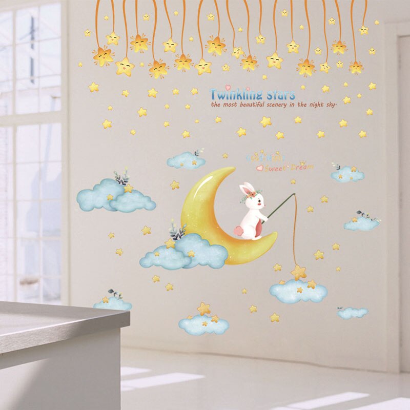 Diy tegneserie børnevæg klistermærke hjem værelse dekoration blinkende stjerner kanin månehval baby soveværelse indretning aftagelig pvc tapet