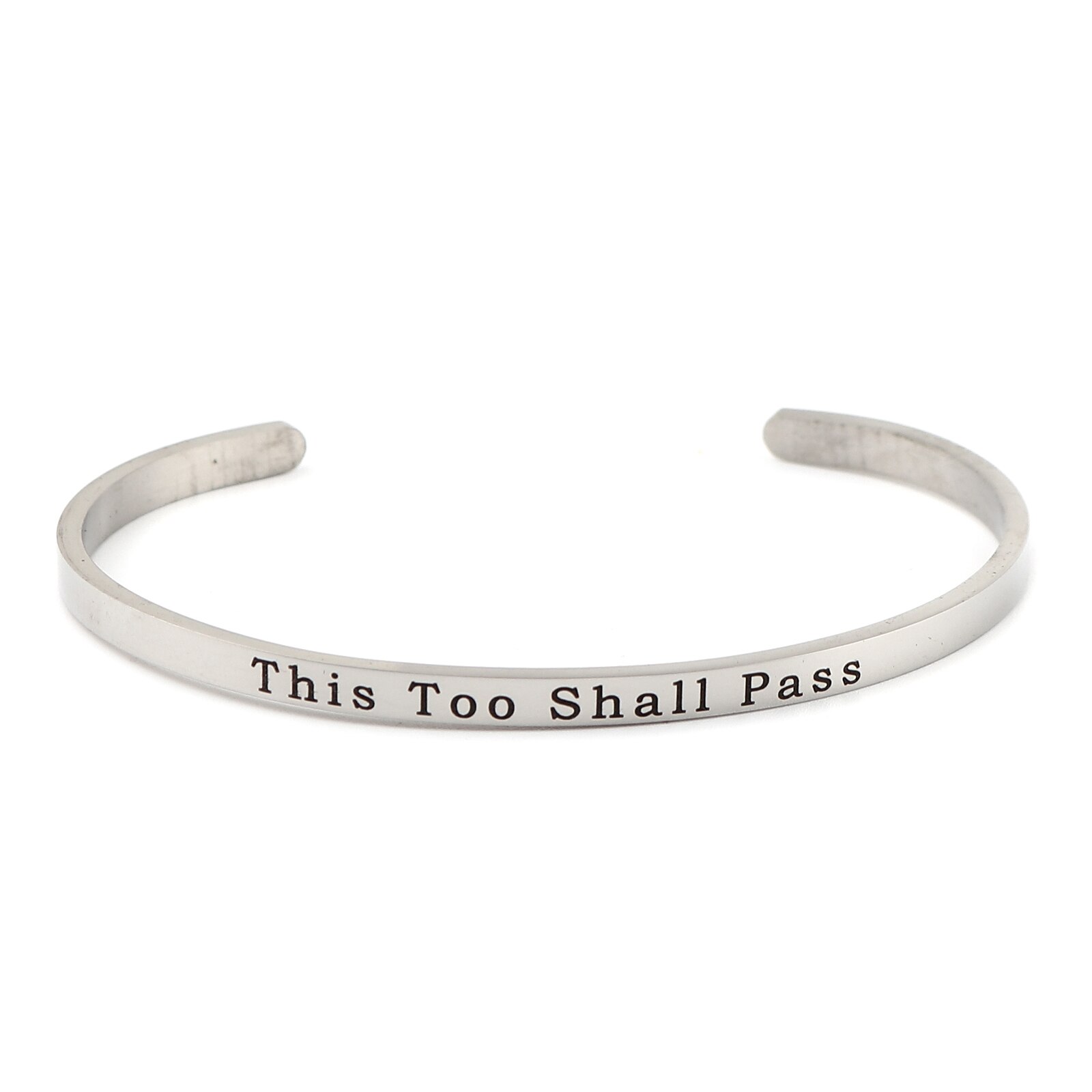 Bracelets à manchette ouverte en acier inoxydable 304, Message de couleur argent, "cela aussi passe" 17cm(6 6/8 ") de long, 1 pièce