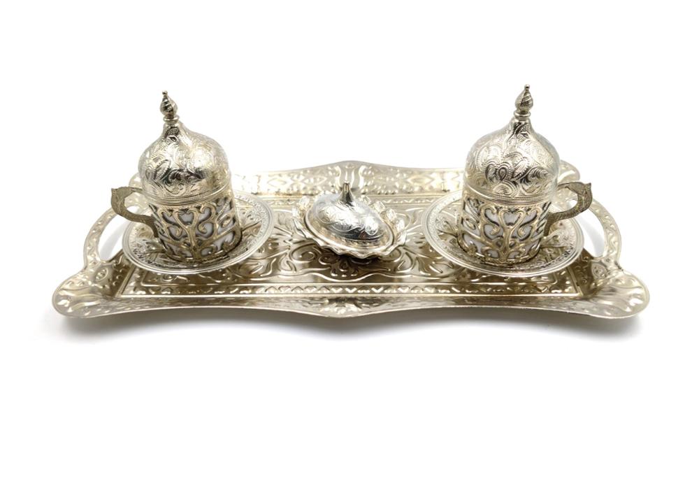 Handgjord klöver turkisk grekisk arabisk kaffe espresso serveringssats för 2, koppar fat fat lock glädje sockerrätt: Silver-