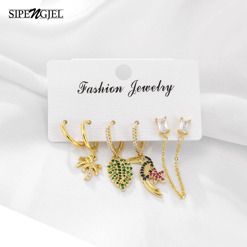 Cubic Zircon Flamingo And Tree Earrings Set Gold And Silver Color Shiny Crystal Hoop Earrings For Women Jewelry: 18K