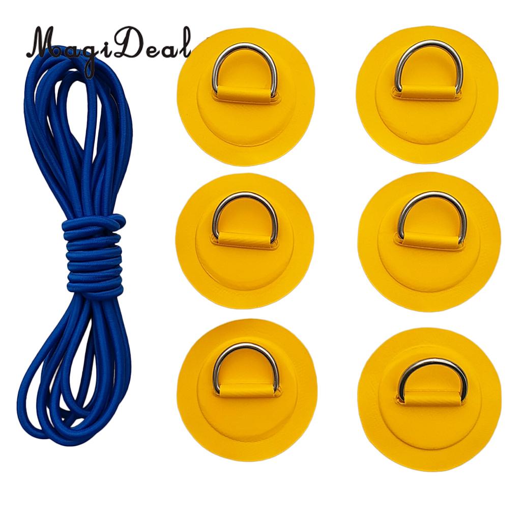 Accesorios para Kayak-6 uds. Parche/almohadilla de anillo en D de repuesto + cuerda elástica para costilla de PVC, bote inflable, balsa, canoa, aparejo de pesca: Yellow