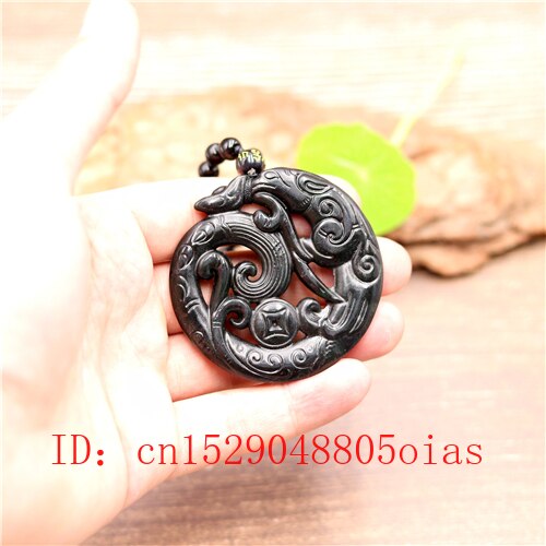 Chinese Natural Black Green Jade Phoenix Pendant Beads Necklace Charm Jewelry Double-sided Hollow Carved Amulet for Her