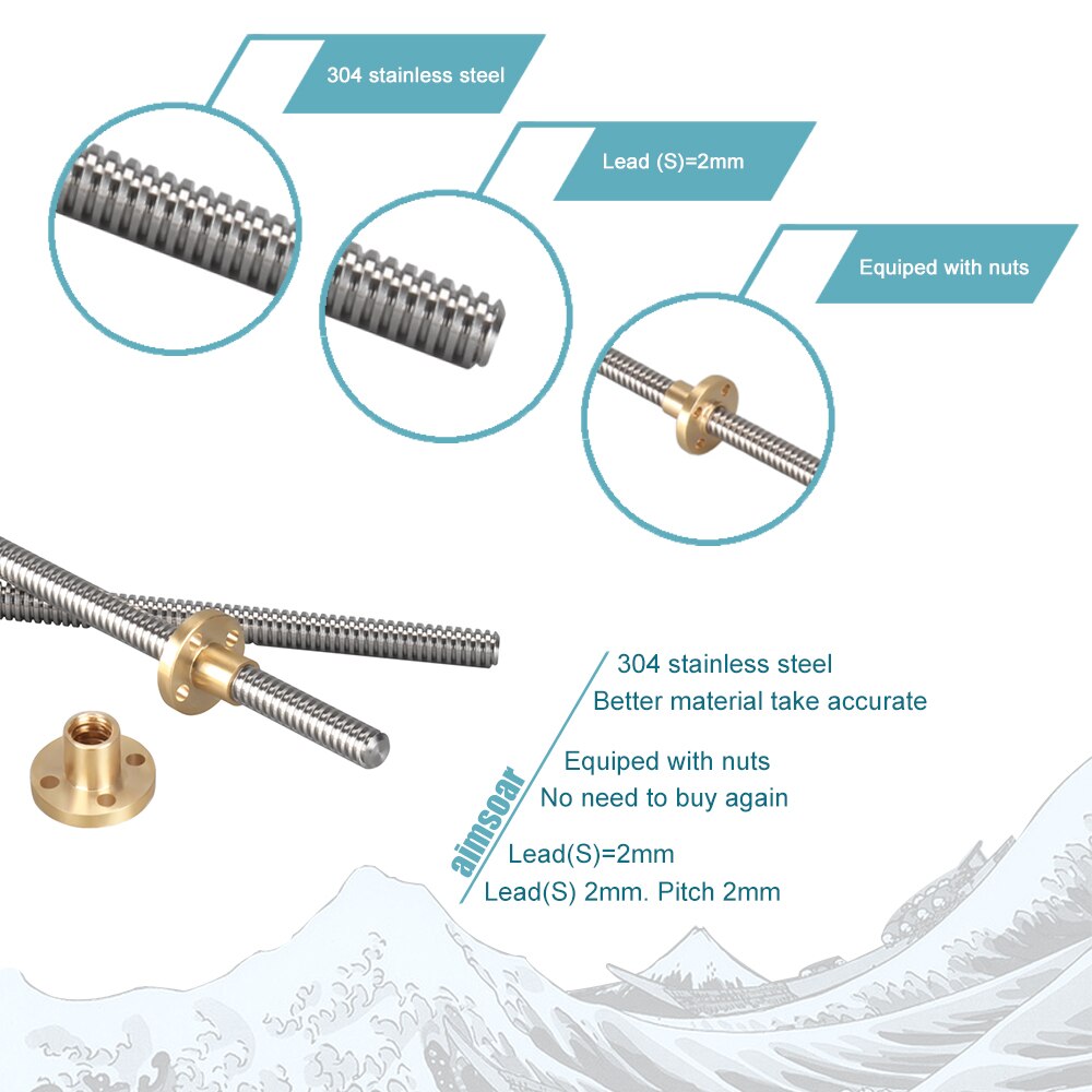 T8 Lead Screw OD 8mm Pitch 2mm Lead 2mm 100mm 150mm 200mm 250mm 300mm 330mm 350mm 400mm 500mm with Brass Nut for Reprap 3D Print
