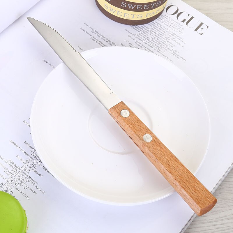 Rustfrit stål middagsske gaffel kniv bordservice metal spisestel træskaft bestik bryllup fest hotel køkken tilbehør: En kniv