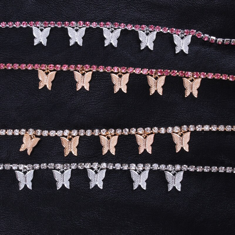 Tobillera de tenis con mariposa y cadena de oro, joyería con diamantes de imitación para mujer, colgante de mariposa y cristal, pulsera para el pie, joyería para mujer
