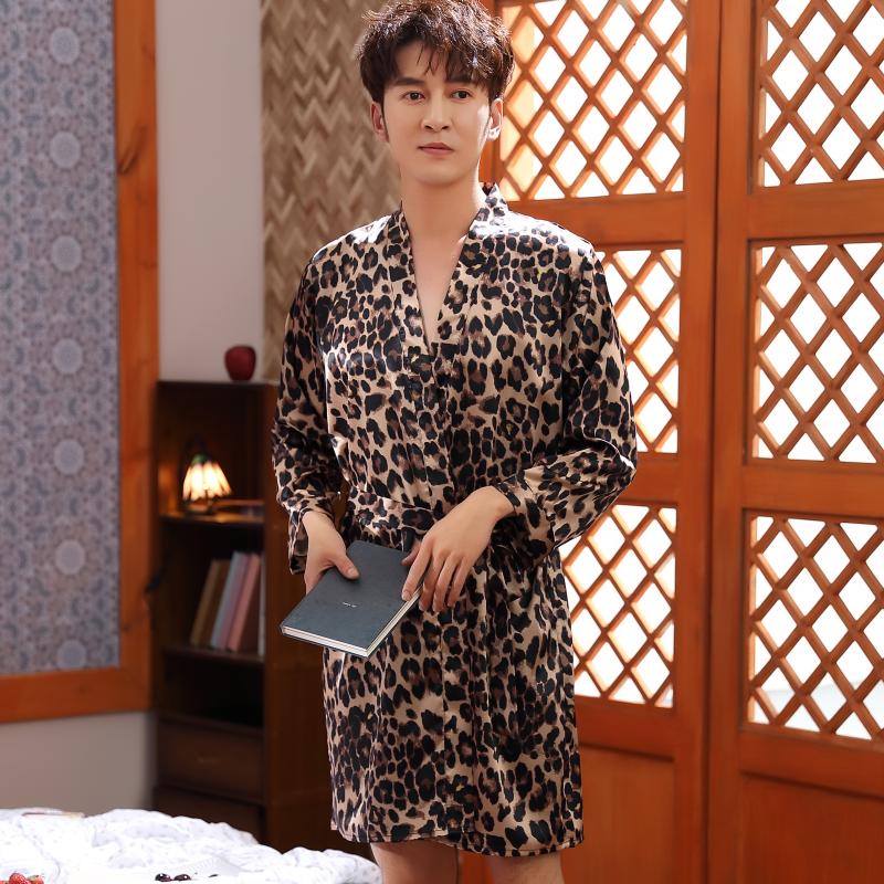 Menn leopard silke sateng robes pyjamas langermet hotell nattøy kimono mannlig badekåpe hjem ferie menn loungewear morgenkåpe