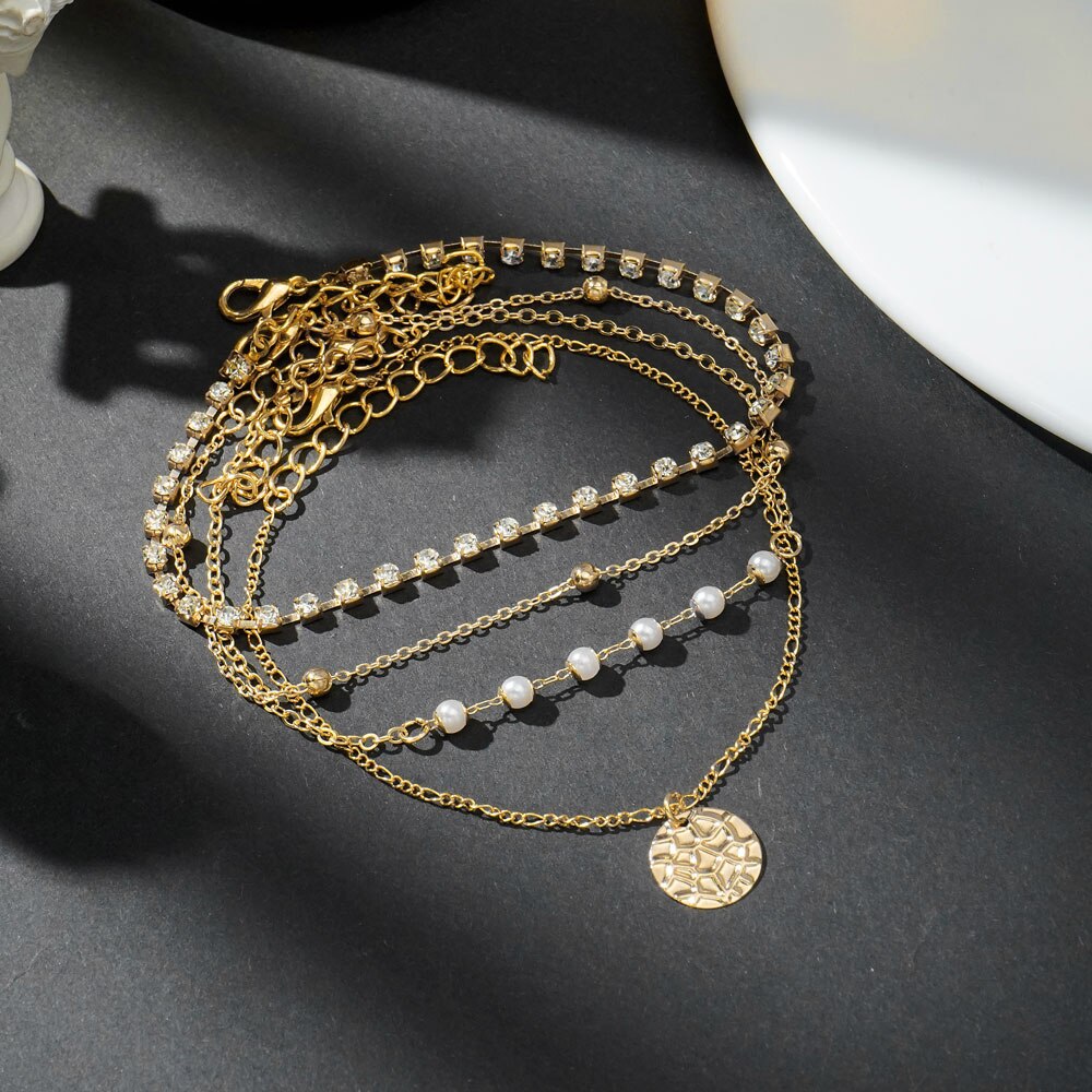 EN Female Gold Color Round Pendant Anklets For Women Pearl Bead Chain Ankle Bracelets Girls Barefoot on Leg Chain Beach Jewelry