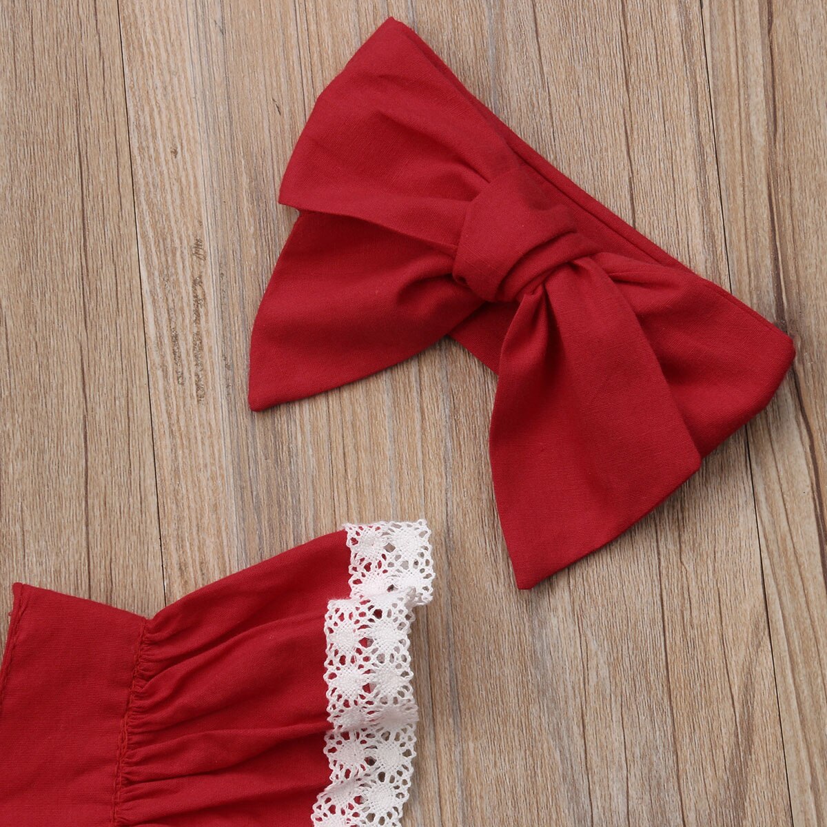 Bebê da criança do natal meninas laço macacão + bandana 2 pçs manga pétala curto sólido sem costas macacões macacão outfit 0-24m