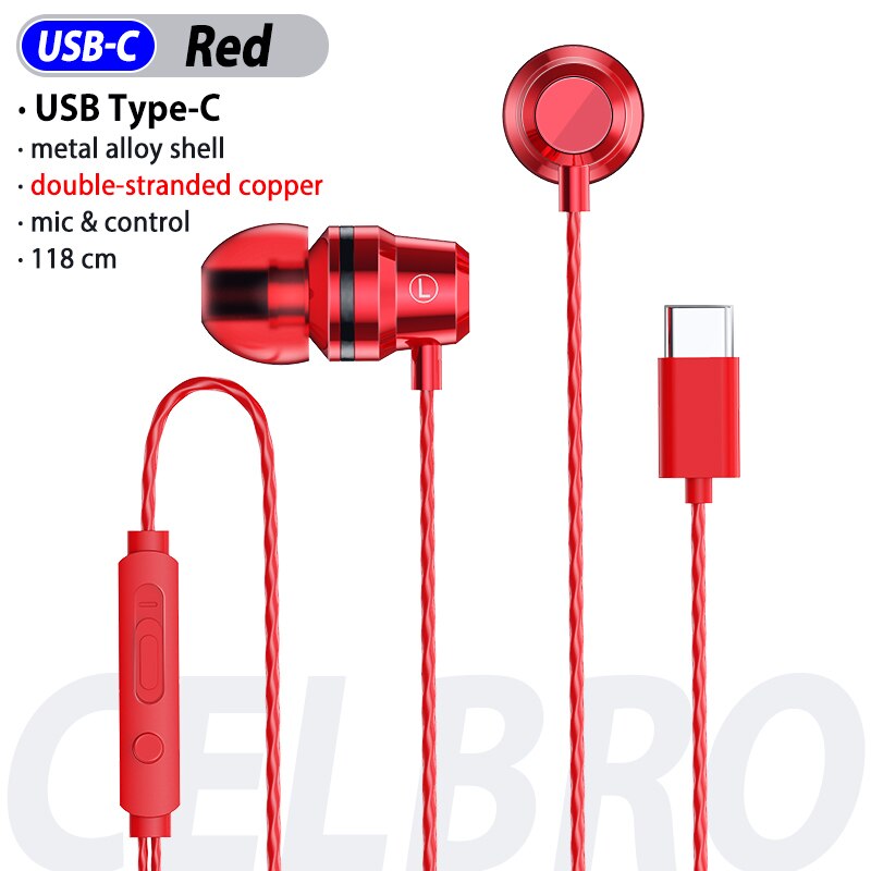 Auriculares estéreo de 3,5mm para deporte, auriculares de 3,5mm con conector USB C, auriculares con micrófono y línea de Control de música para teléfono tipo C: Type C Red