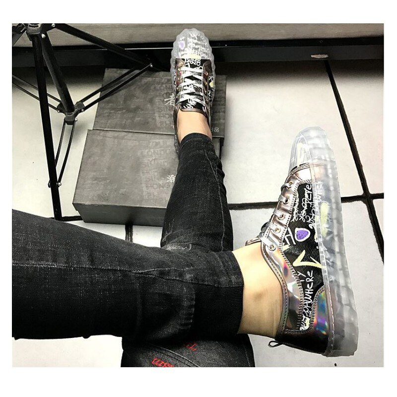Menn svarte fritidssko graffiti gjennomsiktig såle herre fritidssko hip hop trenere rullebane zapatos prom loafers sko