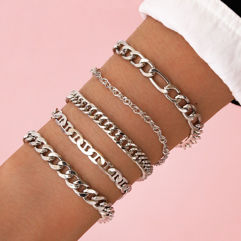 Diezi Multilayer Zilver Kleur Chain Armbanden En Armbanden Voor Vrouwen Mannen Chunky Armband Koppels Mannen Vintage Boho Sieraden 5 Stks/set: silver-002