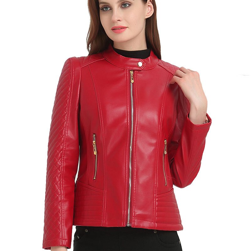 Lusumily Plus Size 6XL Leather Jacket Women Pu Leather Coat Stand Collar Shirt Outwear Red Motorcycle Jackets Female