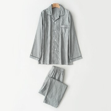 Men Pajamas Home Wear Long Sleeve Trousers Pyjama Cotton Sleepwear Set Double-layer Yarn Breathable Spring Autumn pijama hombre: grey striped / XXL
