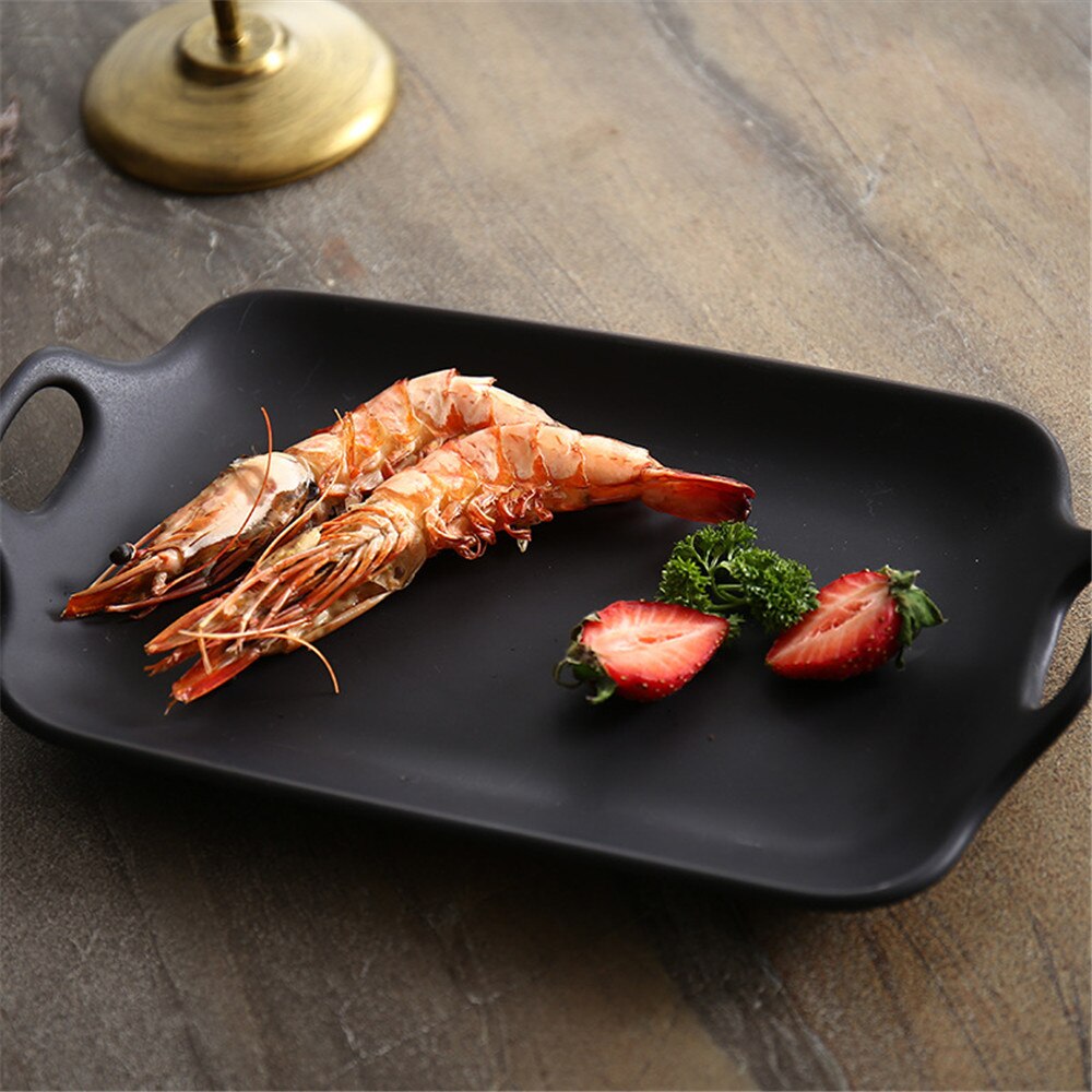 Ins Nordic Ceramic Storage Tray with Handle European Chic Rectangle Dessert Fruit Salad Food Kitchen Storage Plate Table Decor
