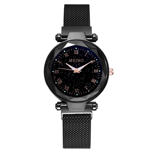 Relogio Feminino Women Starry Sky Watches Magnetic Mesh Belt Watch Women Dress Luminous Quartz Wristwatch Zegarek Damski: C Black