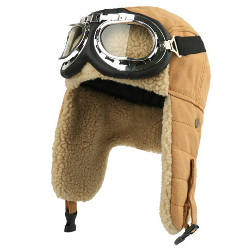 Winter Bomber Hats Earflap Russian Ushanka with Goggles Men Women's Trapper Pilot Hat Faux Berber Fleece Thermal Snow Caps