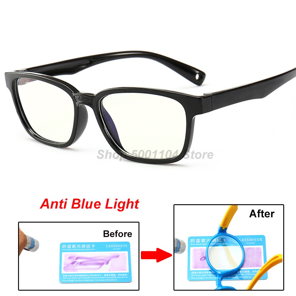 Firkantet blåt lys børn briller optisk ramme børn dreng piger computer gennemsigtig blokerende anti reflekterende briller: Sort