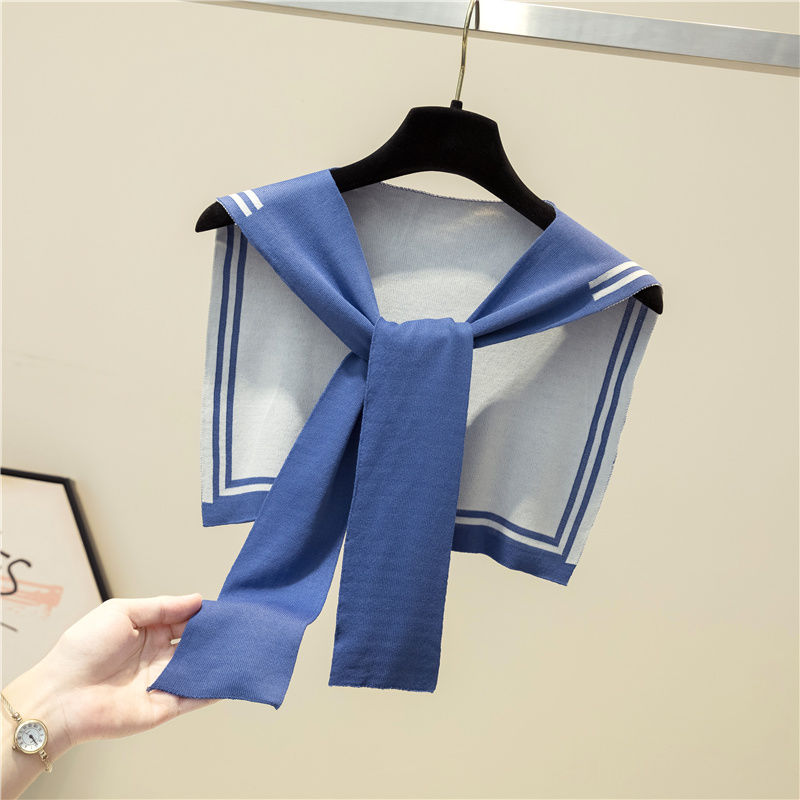Korean College Navy Stripe Wool Knit Shoulder Cape Knotted Warm Shawl Summer Air Conditioned Room Protect Neck Woman&#39;s Scarf T56