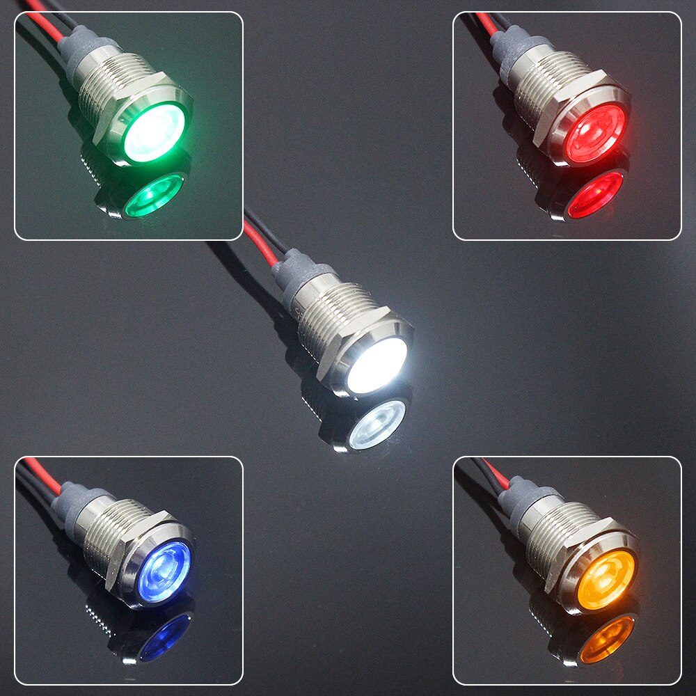 12mm LED Metal Indicator light waterproof Signal lamp with wire red yellow blue green white 3V 5V 6V 12V 24V 220V 110V
