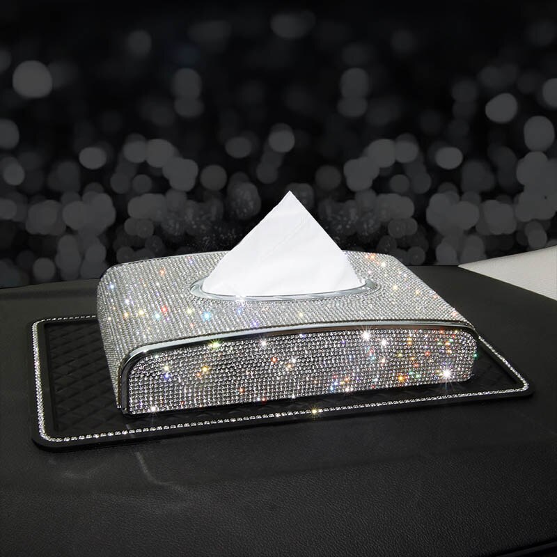 Diamond Tissue Box Holder for Car Leather Crystals Paper Towel Cover Case with Number Card Car Interior Accessories: white with mat