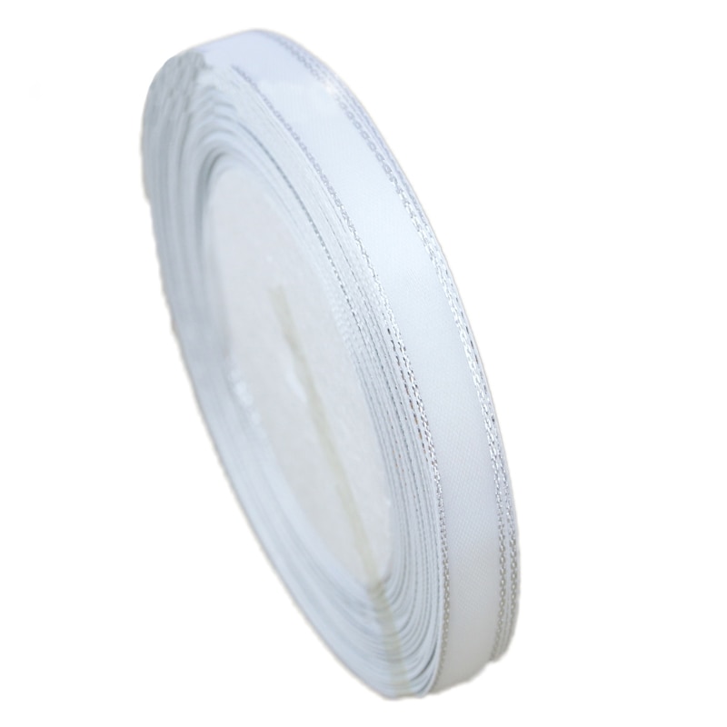 (25 yards/lot ) 10mm förpackningsband för satinband i vit silverkant