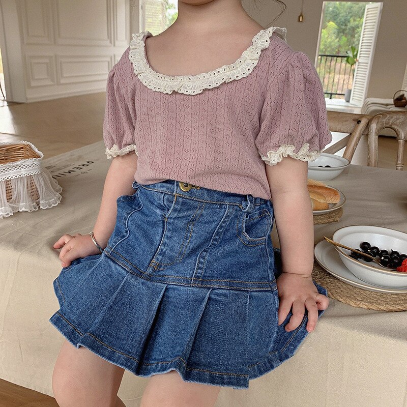 Zomer Peuters Kids Denim Rokken Effen Kleur Koreaanse Stijl Baby Meisjes A-lijn Geplooide Rokken