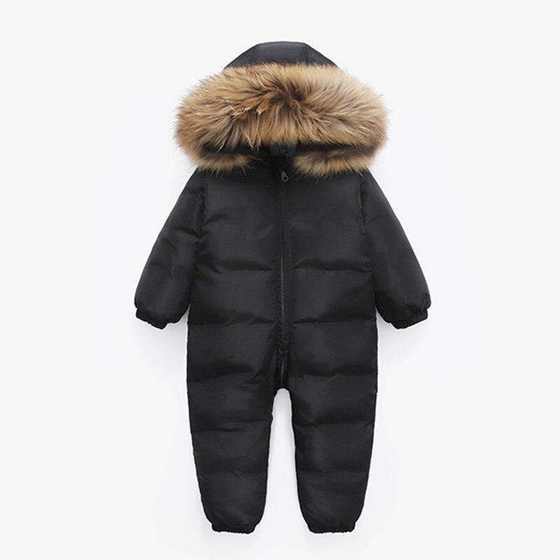 -30 Russian jumpsuit kids winter wear baby boy snowsuit Parka nature fur 90% duck down jacket for girl clothes coat overalls: Black / 9M