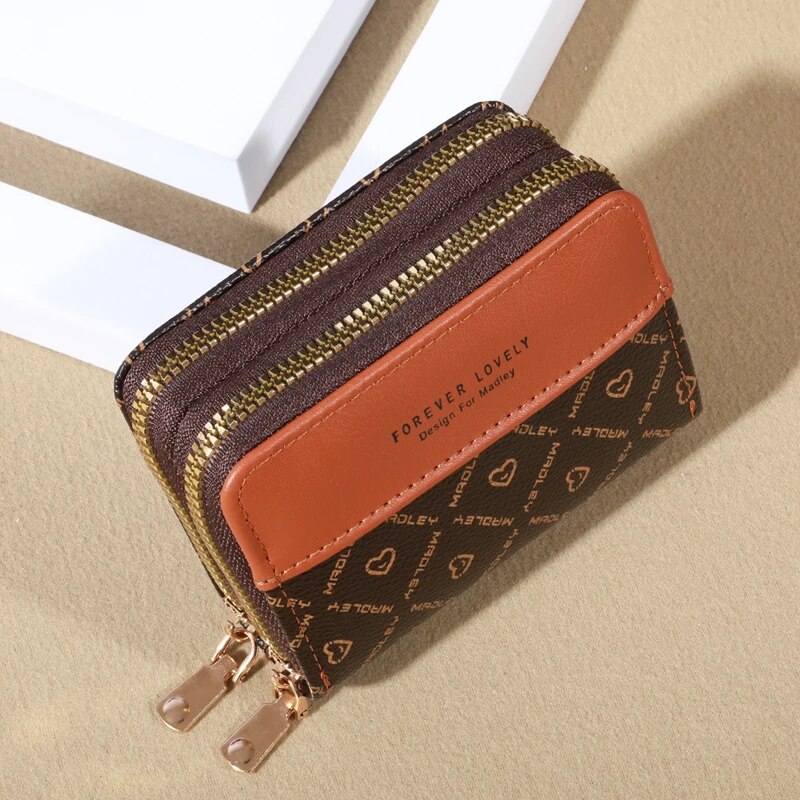 Mini portefeuille en similicuir avec double fermeture éclair, pochette classique compacte, fentes pour cartes multiples, poche coordonnante, protection RFID, chic: Tan