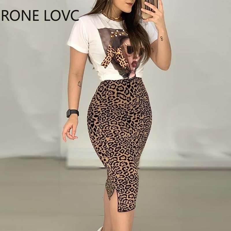 Top estampado de manga corta para mujer, falda con abertura de leopardo, conjunto informal de 2 piezas: S